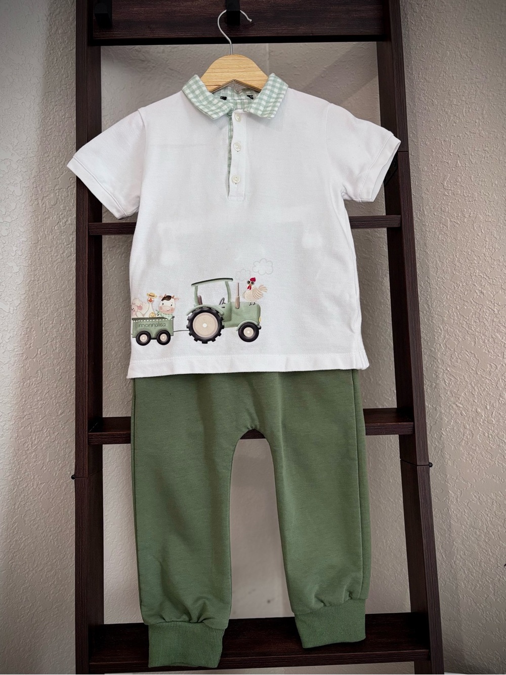 White Polo Top with Green Trim & Olive Jogger Set - Kids